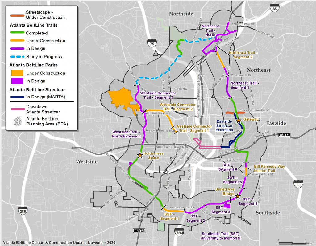 Atlanta BeltLine design and construction progress map November 2020