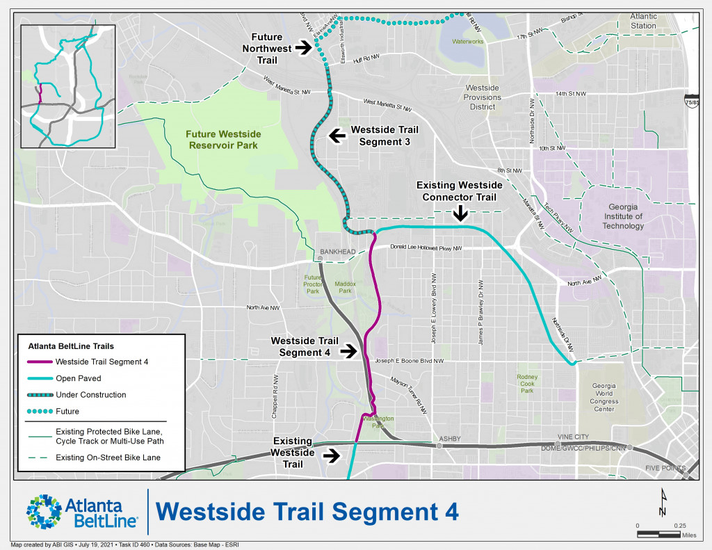 Map of Westside Trail segments in design and under construction.