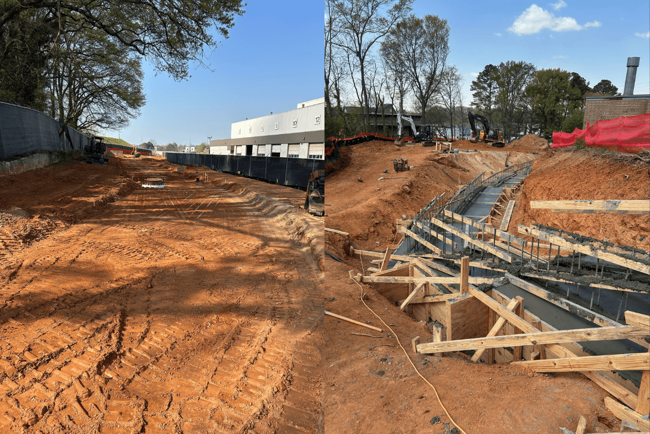 Pictured from left to right: Rough grading for trail formwork and concrete pour. Concrete footings for future retaining wall. (Photo Credit: ABI Staff)