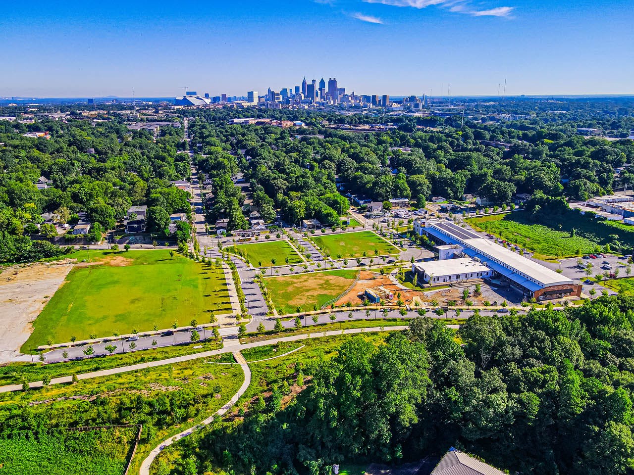 Drone image of the Southside Trail with the Atlanta skyline in the background. Photo by LoKnows Drones.