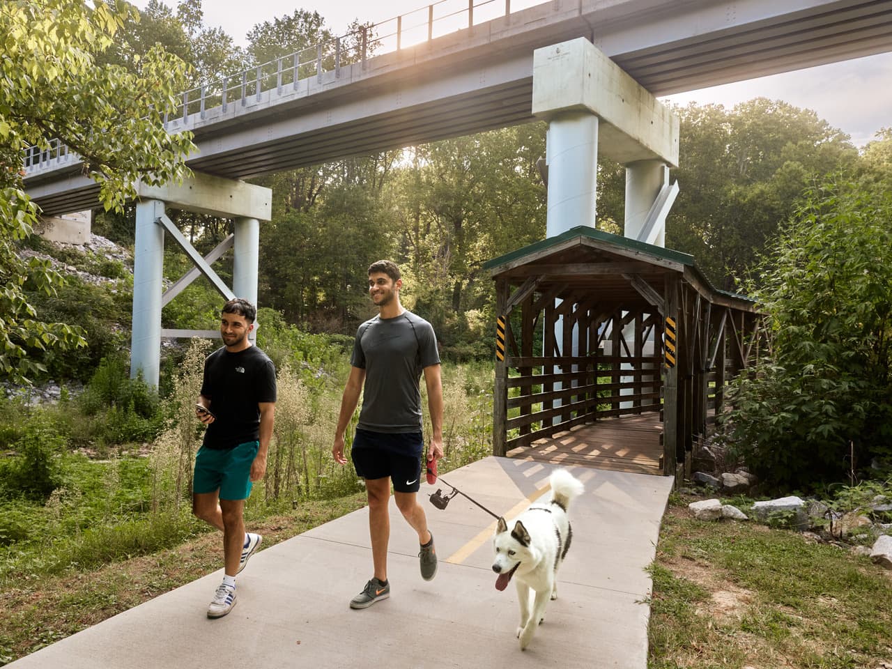 Two men walking a dog on a paved path under a bridge in a wooded area with a wooden footbridge nearby.