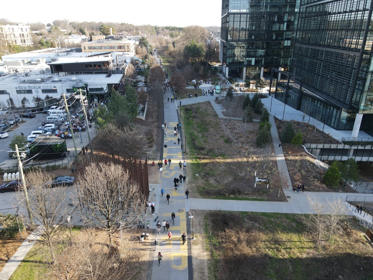 Drone shot of the Common Ground and Fourth Ward developments with the Eastside Trail in the middle. Photo by LoKnows Drones.