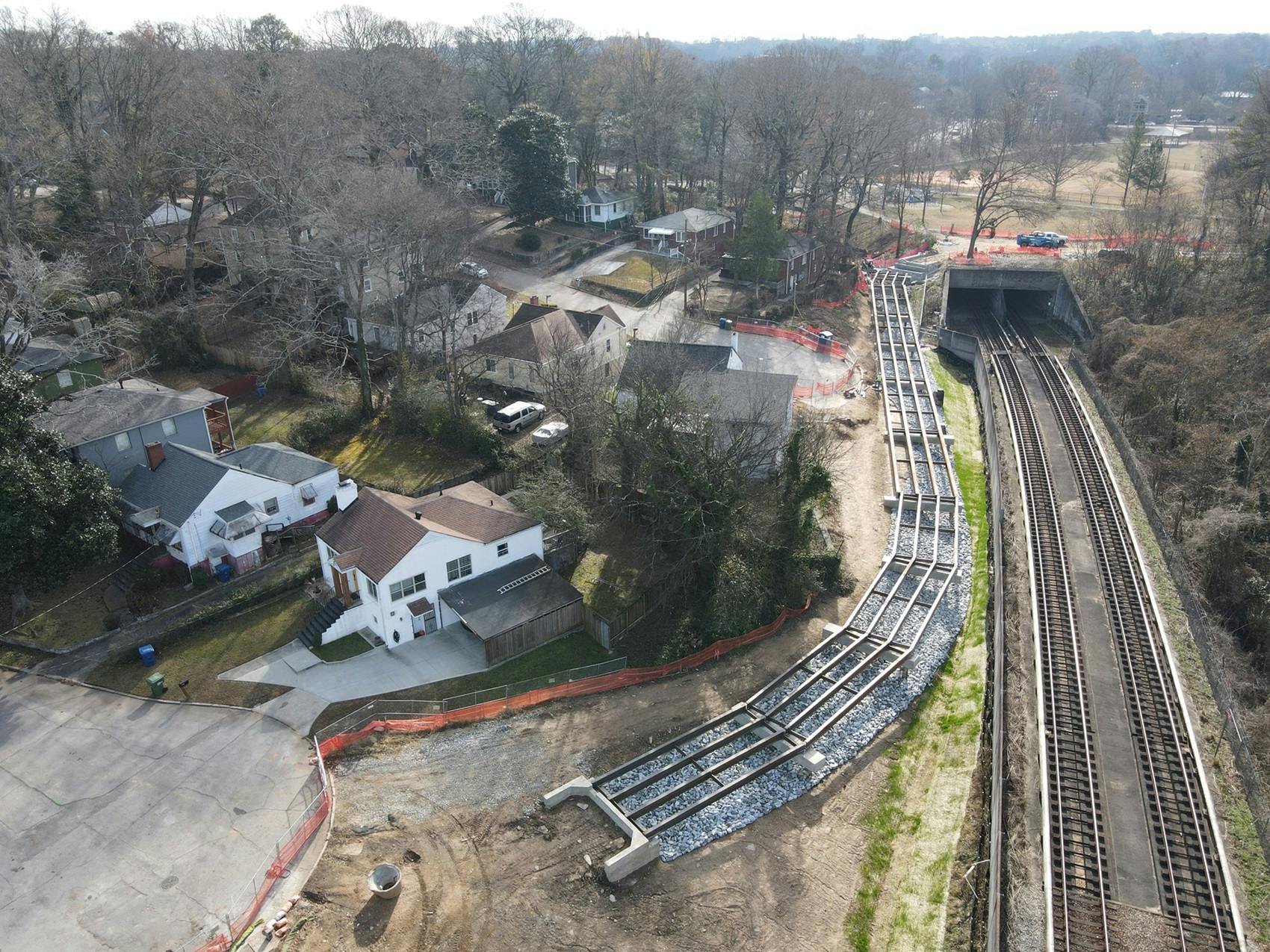 Aerial view of trail construction just north of Washington Park and beside MARTA. (Photo Credit: LoKnows Drones)