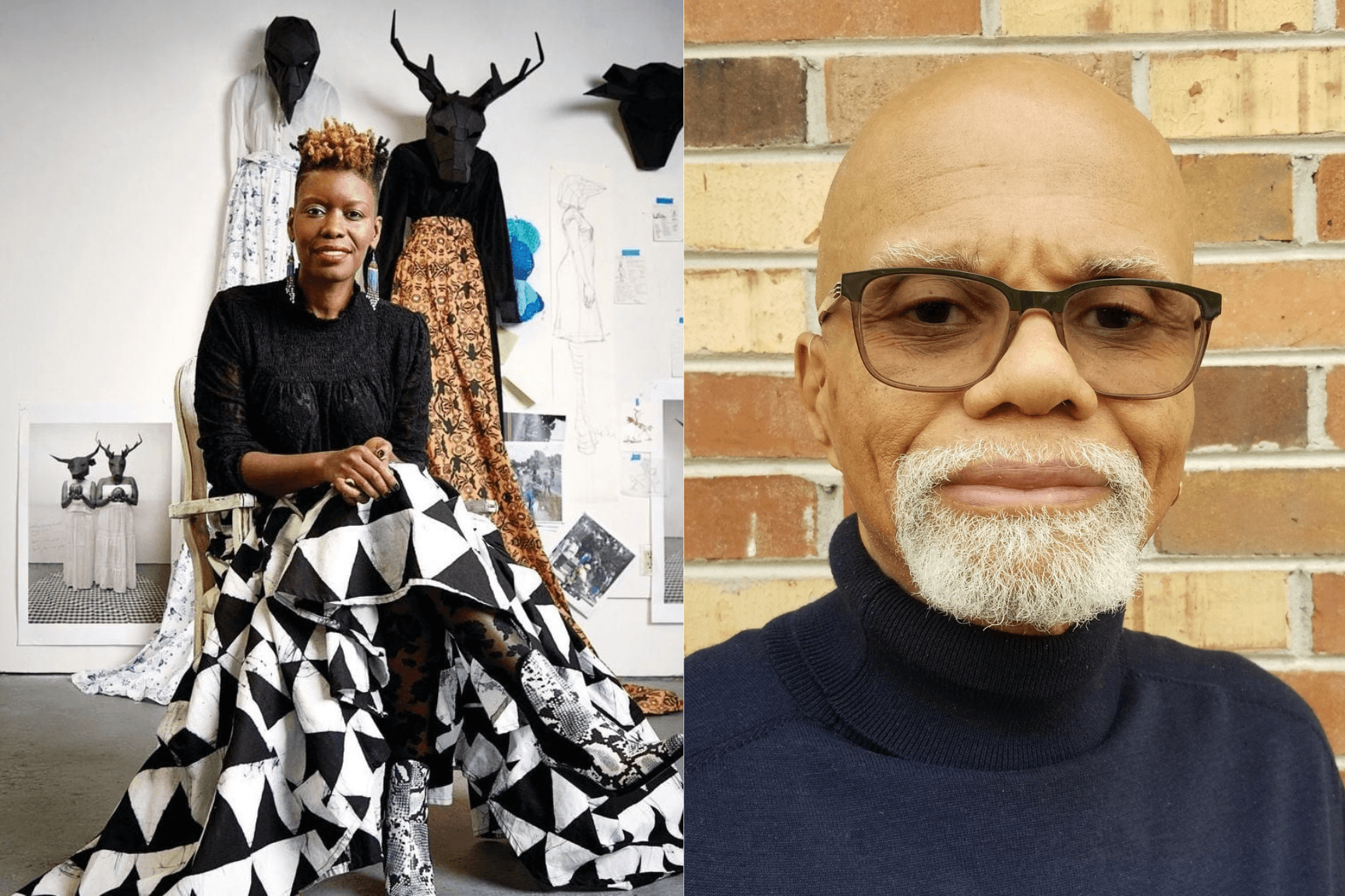On the left, a woman sits in a studio with textiles and masks. On the right, a man with glasses stands against a brick wall.