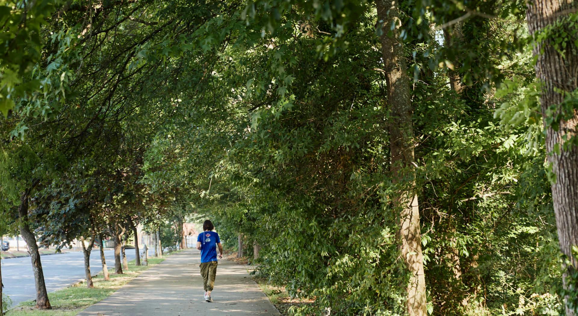 A person walks down the West End Trail under a canopy of trees by Rose Circle Park. (Photo Credit: Erin Sintos)