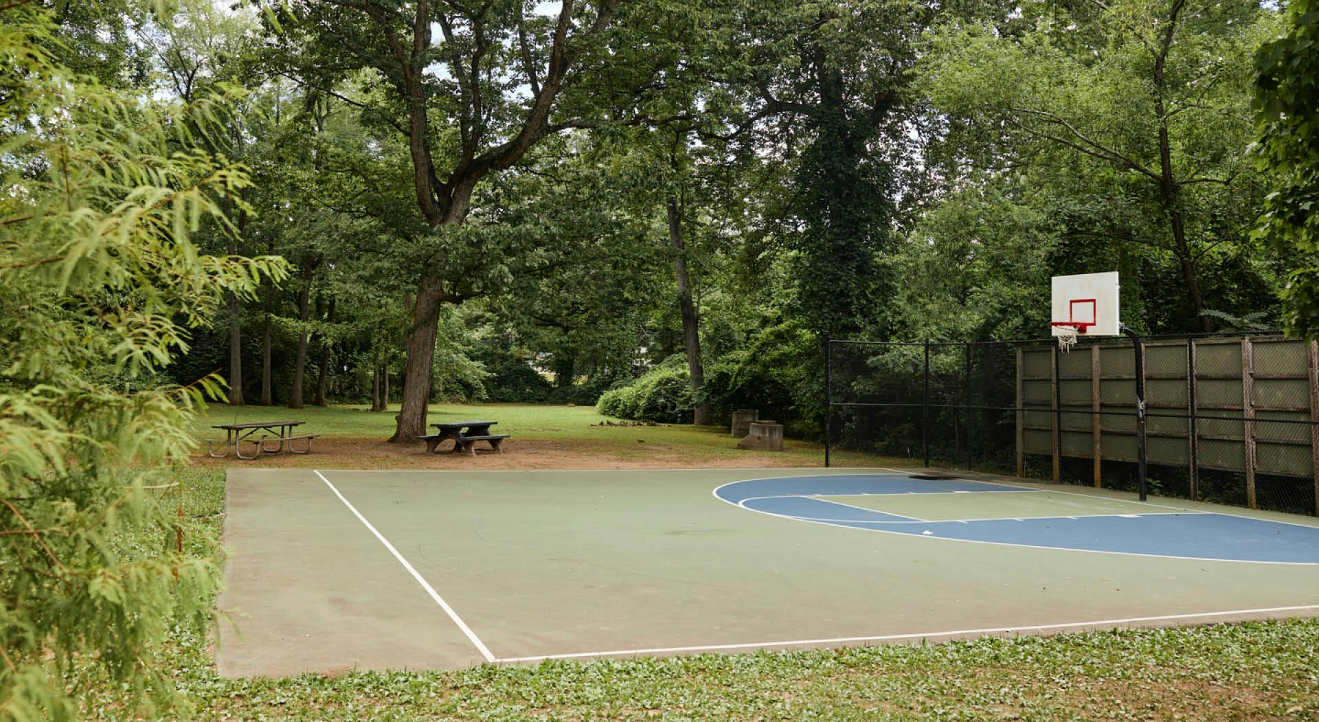 A half-sized basketball court with picnic tables at Perkerson Park. (Photo Credit: Erin Sintos)
