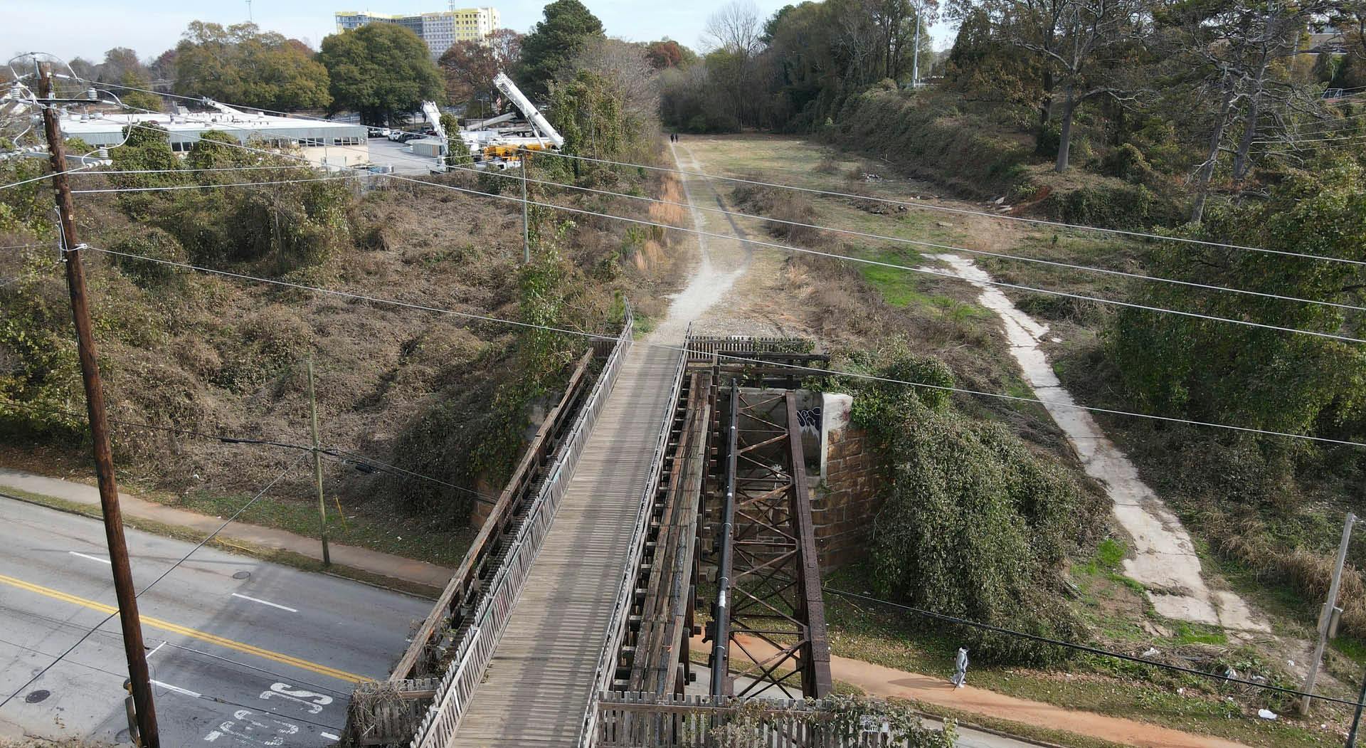 Drone view of the bridge over Pryor Road on Southside Trail - Segment 2. Photo by LoKnows Drones.