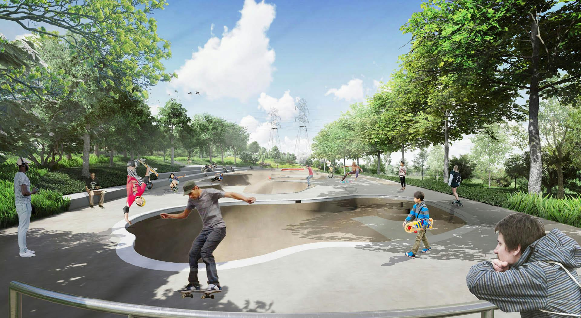 Boulevard Crossing Park rendering showing the future skate park.