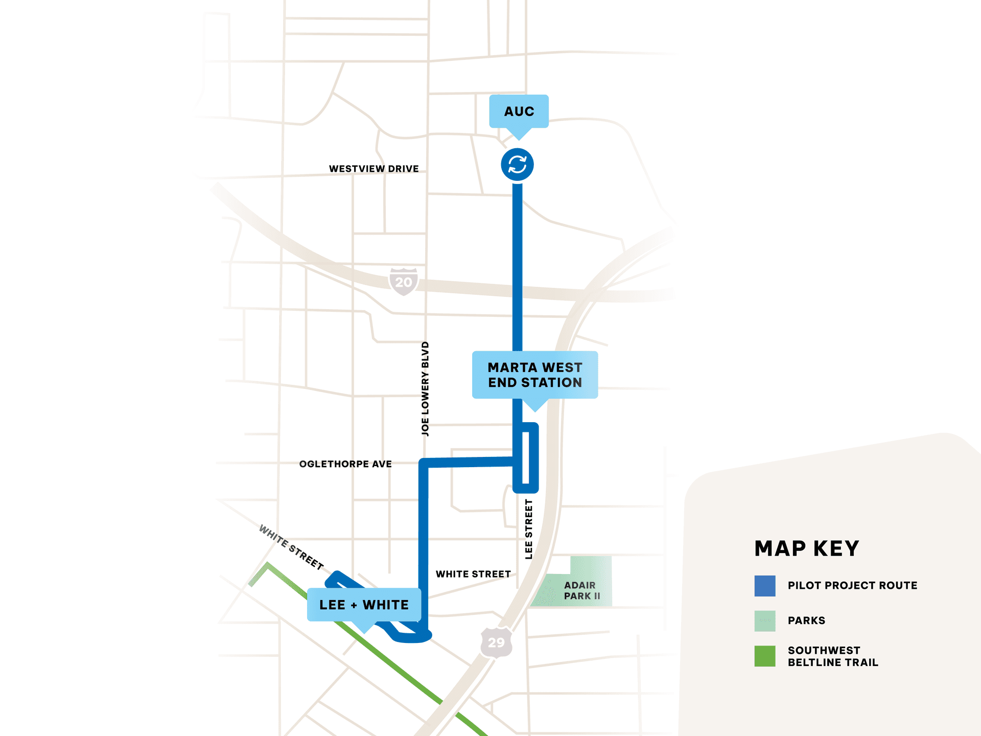 A map graphic shows that the project route goes from Marta West End Station to AUC and to Lee+White.