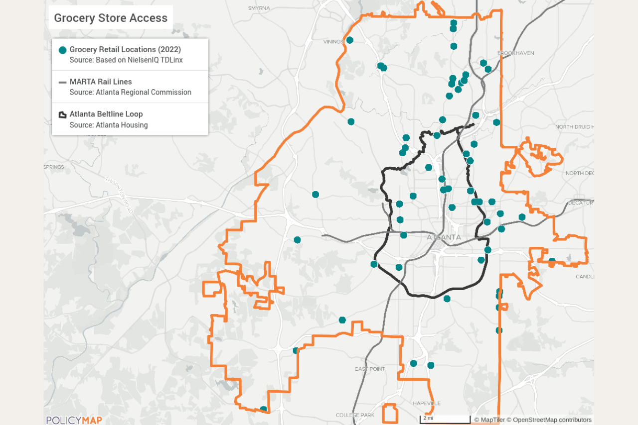 Map of Atlanta showing grocery store locations as teal dots, MARTA rail lines in grey, and the Atlanta Beltline Loop outlined in black