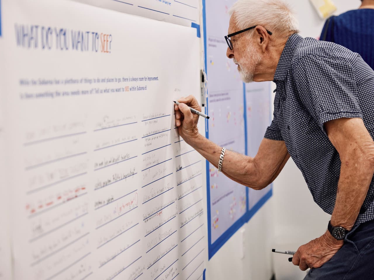 An older gentleman writes on a large poster about what he'd like to see in his neighborhood.