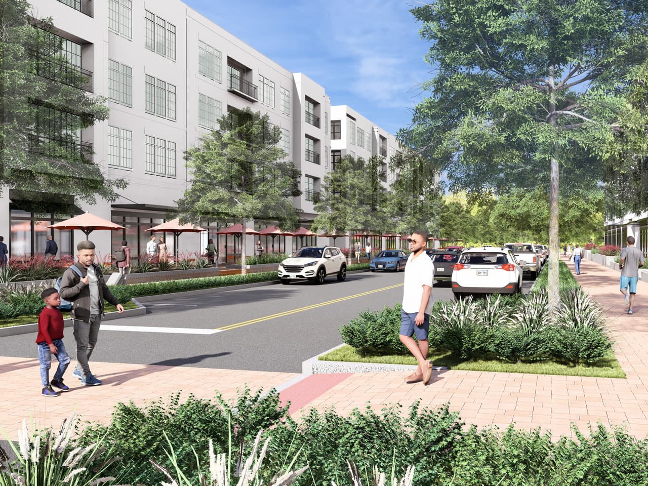 A rendering of a modern urban street scene with people walking, cars parked, and a row of white buildings with outdoor seating and greenery.