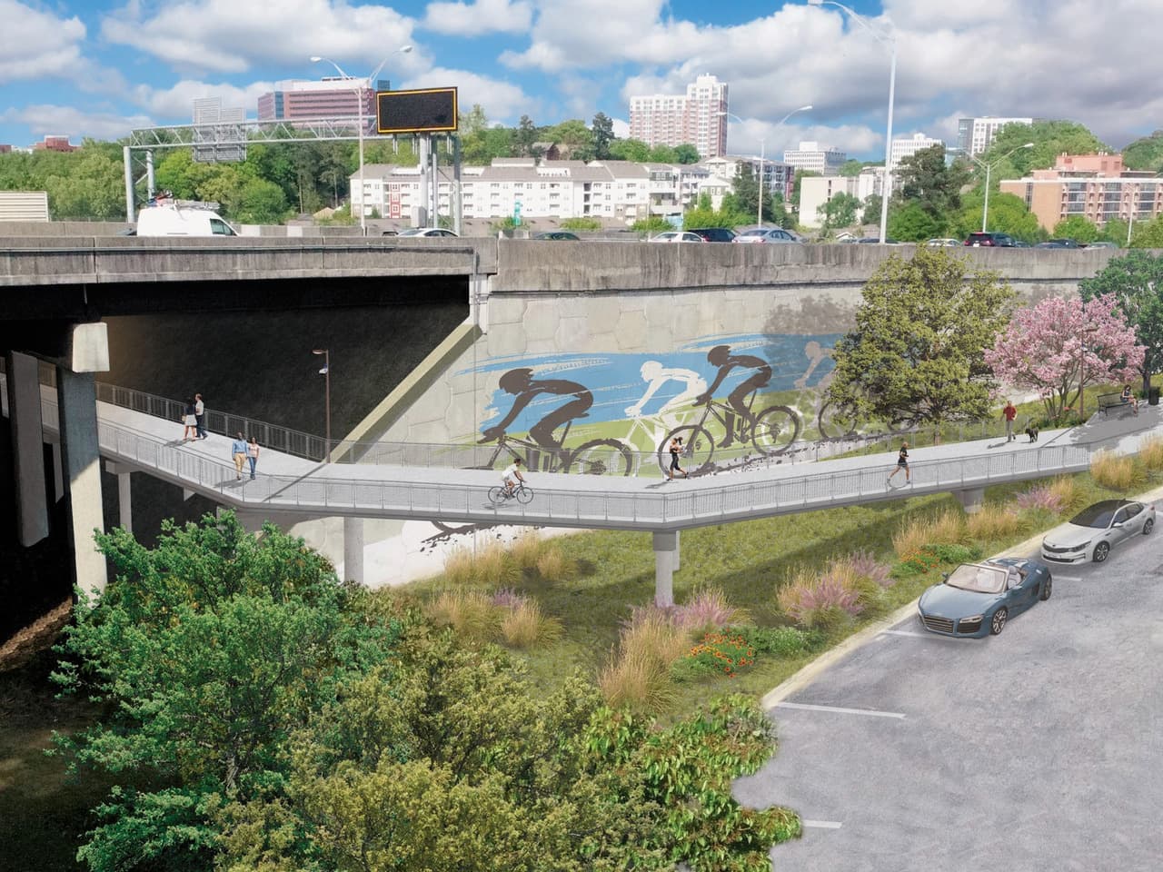 A rendering shows a future Beltline segment going under a busy interstate overpass.