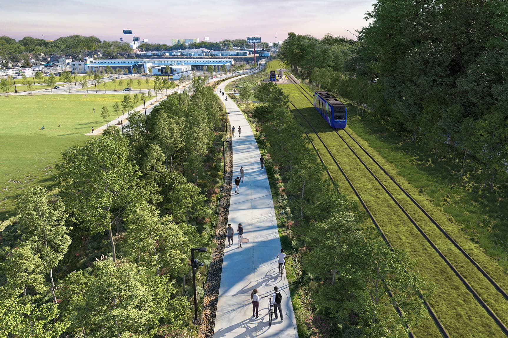 Aerial rendering of a scenic paved trail with cyclists and pedestrians, adjacent to a lush green space and tram tracks, under a blue sky.