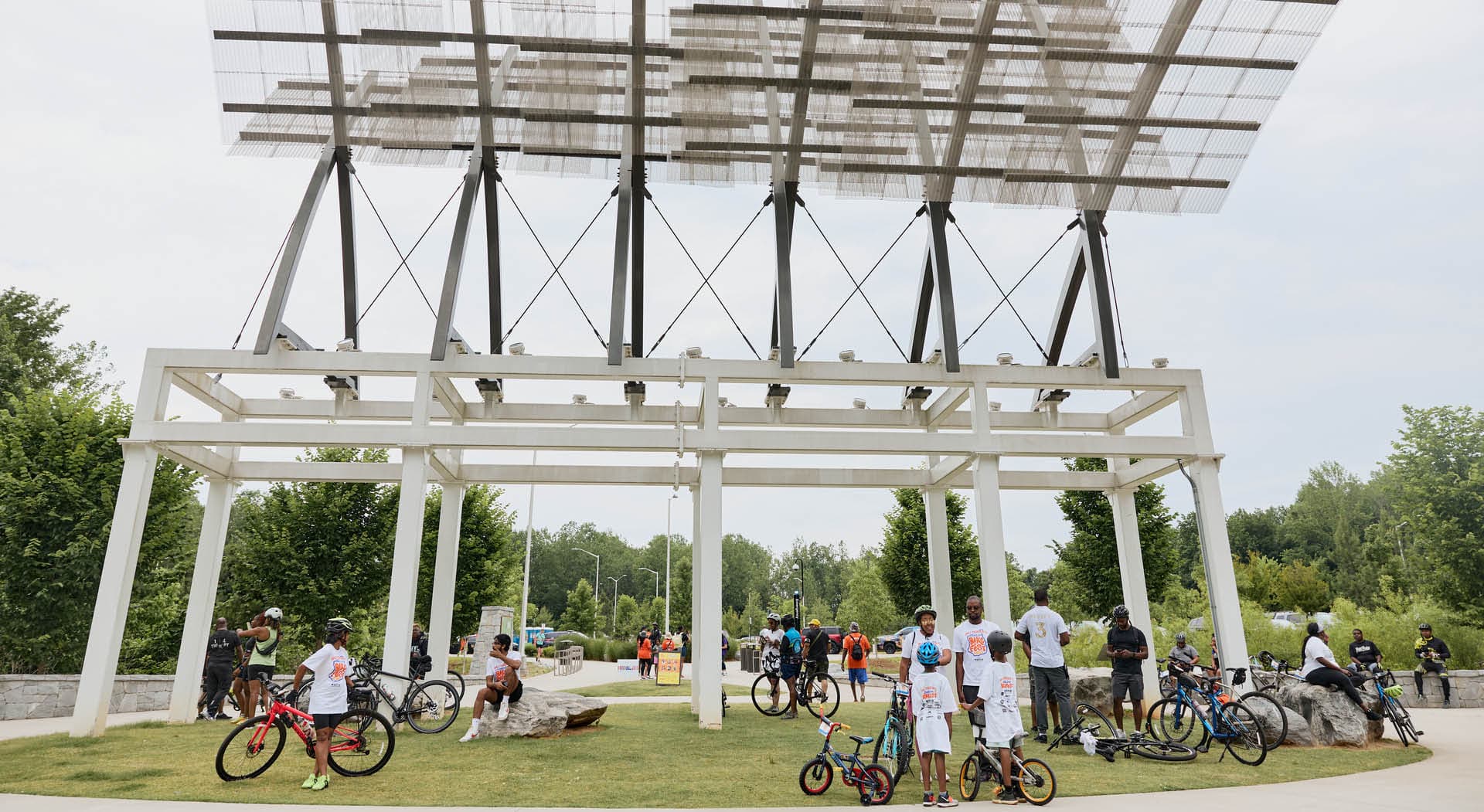 A large sculpture titled "The Birth of Atlanta" stands in Shirley Clarke Franklin Park. (Photo Credit: Erin Sintos)