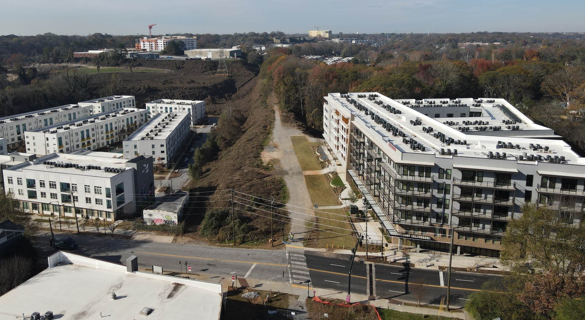 Drone view of Southside Trail - Segment 2 at its eastern terminus at Boulevard. Photo by LoKnows Drones.