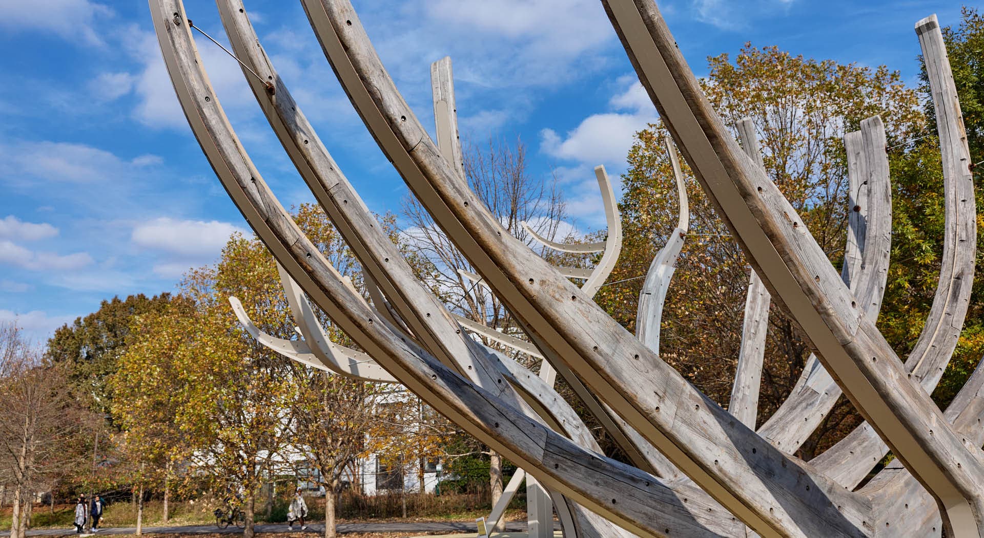 Detail of a large sculpture Large sculpture titled "Wake" by Mel Chin depicting the structural ribs of the ship the U.S.S. Nightingale. (Photo Credit: Erin Sintos)