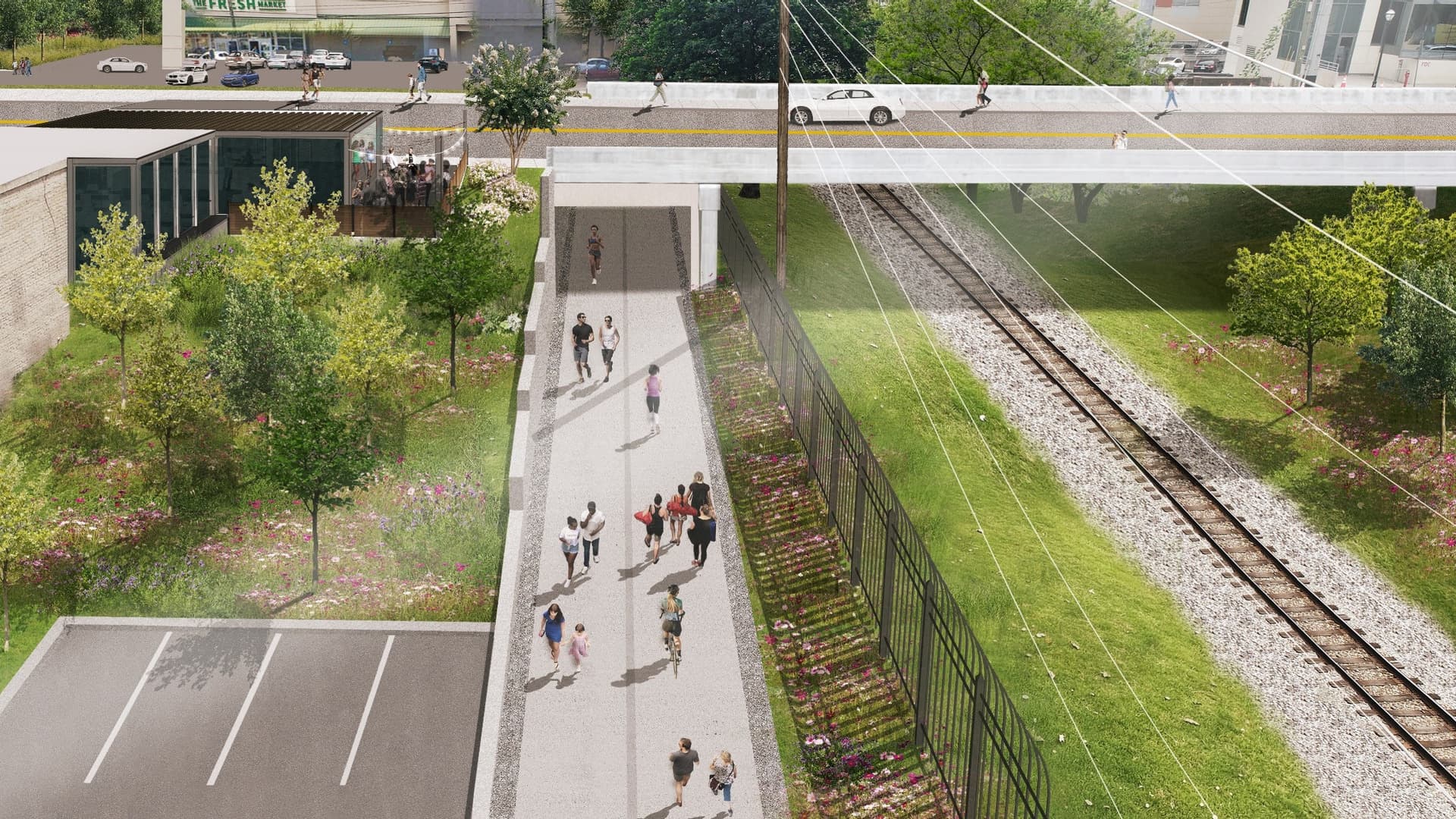 People walk alongside a trail that goes under an overpass in this rendering.