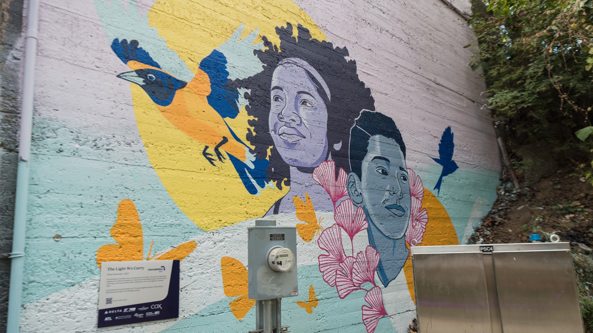 Colorful mural on a concrete wall featuring two faces surrounded by birds and flowers, with a utility box in the foreground.