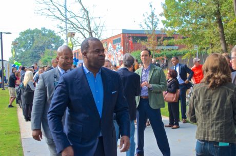 Mayor Kasim Reed arriving at a crowded ceremony. Photo: John Becker.