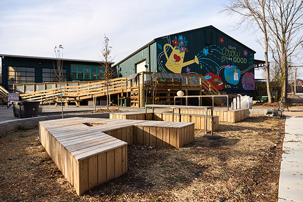The CreateATL parklet and participatory art installation by Tina Medico provide a warm and welcoming entrance to the neighborhood workspace. (Photo: The Sintoses).