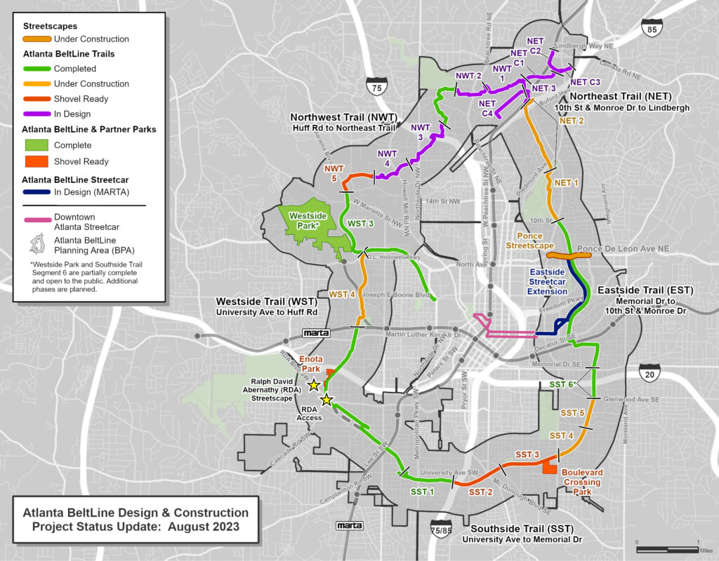 Atlanta BeltLine design and construction status as of August 2023.