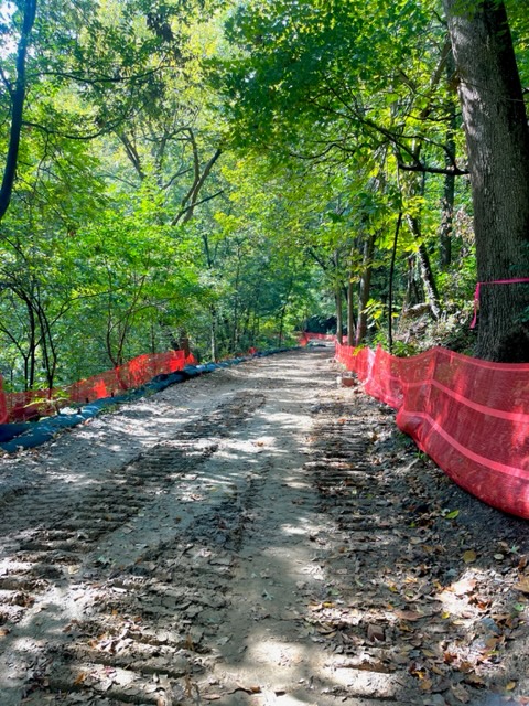 Looking south at construction on the portion of the Northeast Trail - Segment 1 replacing the asphalt Carriage Trail through Piedmont Park with the BeltLine mainline trail. October 20, 2023. Photo by Kerri Parker.