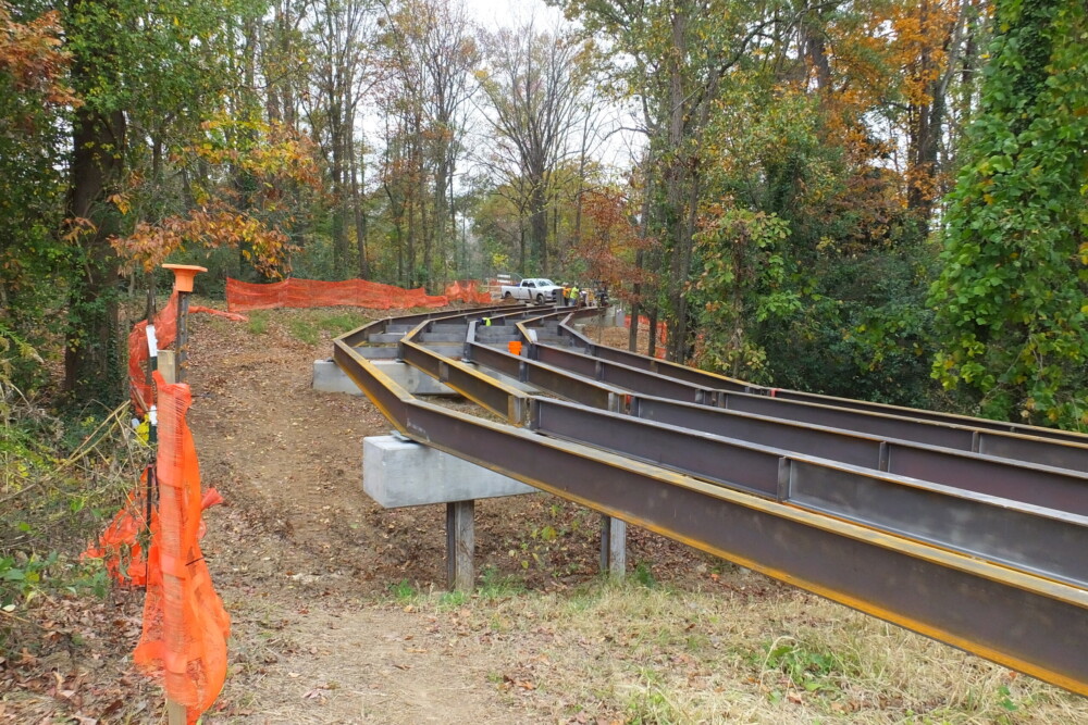 Structural steel has been installed on the elevated trail structure, adjacent to Washington Park and just past where the trail crosses the MARTA heavy rail line. The steel will support the concrete trail. November 17, 2023. Photo by Kerri Parker.