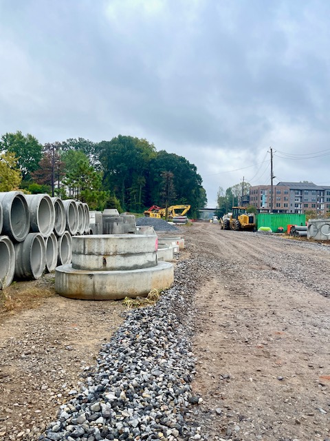 Staged materials just south of Glenwood Avenue on Southside Trail - Segments 4 and 5. October 20, 2023. Photo by Kerri Parker.