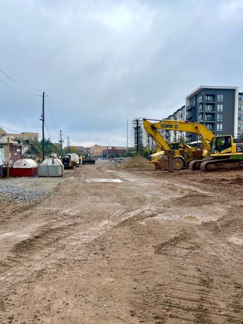 Heavy construction equipment looking north toward Glenwood Avenue on Southside Trail - Segments 4 and 5. October 20, 2023. Photo by Kerri Parker.