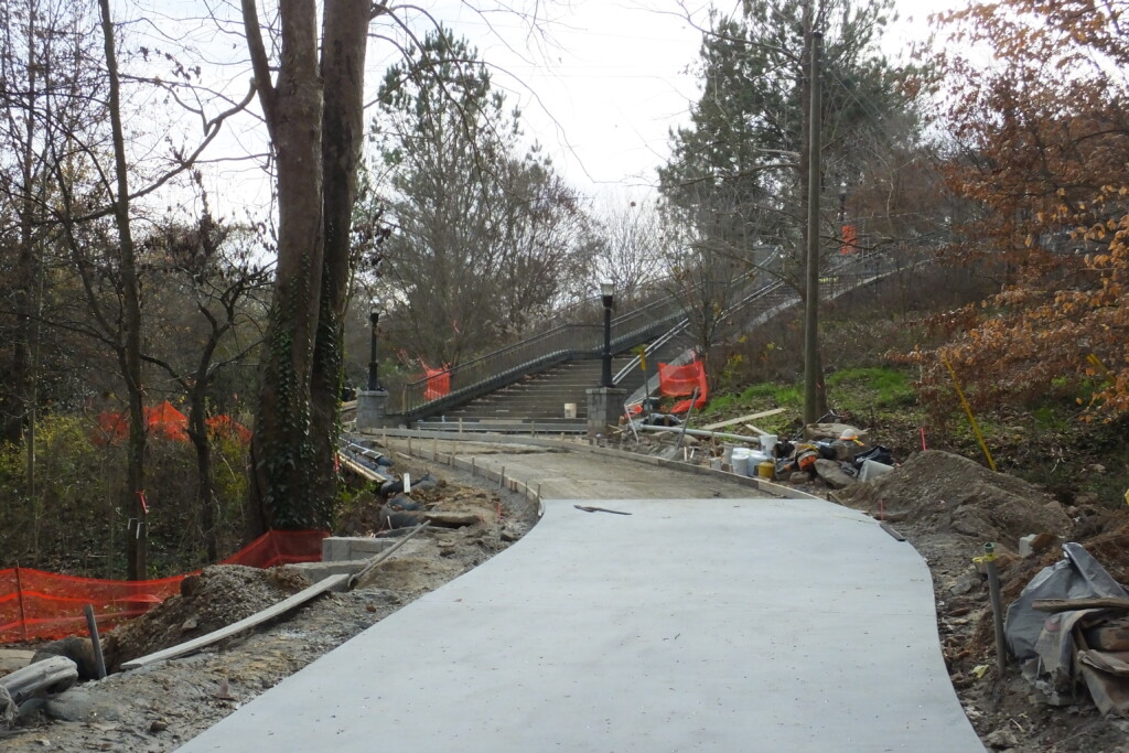 Northeast Trail – Segment 1: trail concrete has been poured on the first phase of work within Piedmont Park between Westminster Drive, NE and the entrance stair to the Legacy Fountain. December 20, 2023. Photo by Kerri Parker.