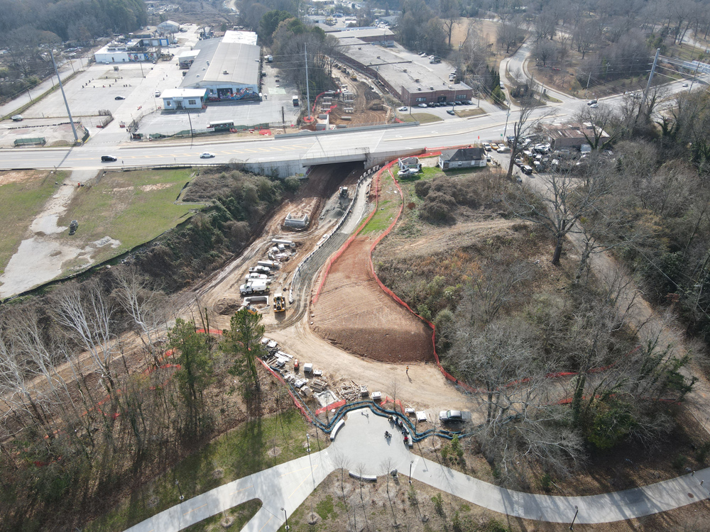 Westside Trail - Segment 4: looking south from above the Westside BeltLine Connector, towards Hollowell Parkway. December 21, 2023. Photo by LoKnows Drones.
