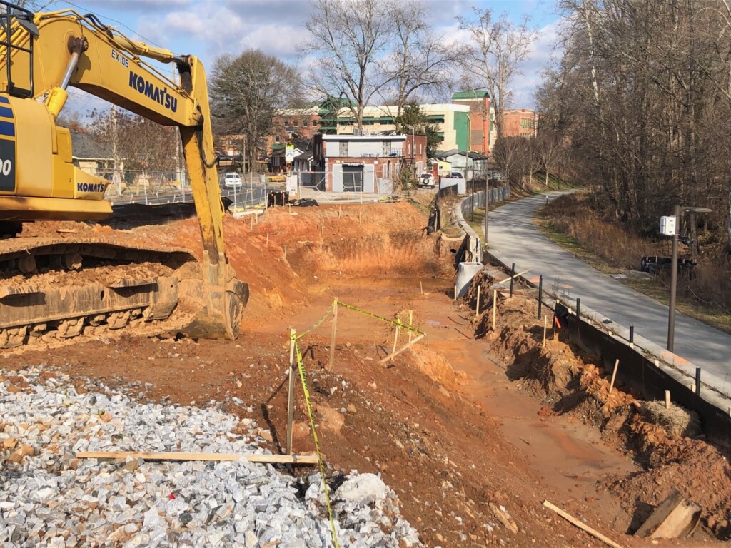 Construction underway at the access point with the wall cut and grading complete, which will include a ramp and stair connection to the Westside Trail. January 24, 2024.