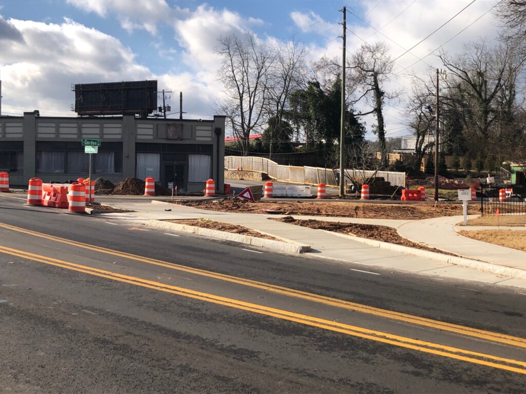 Completed pedestrian sidewalk reconfiguration work at S. Gordon Street SW, that will include a rapid flashing beacon (crosswalk signal) for a safer crossing condition when accessing the Westside Trail. January 24, 2024.