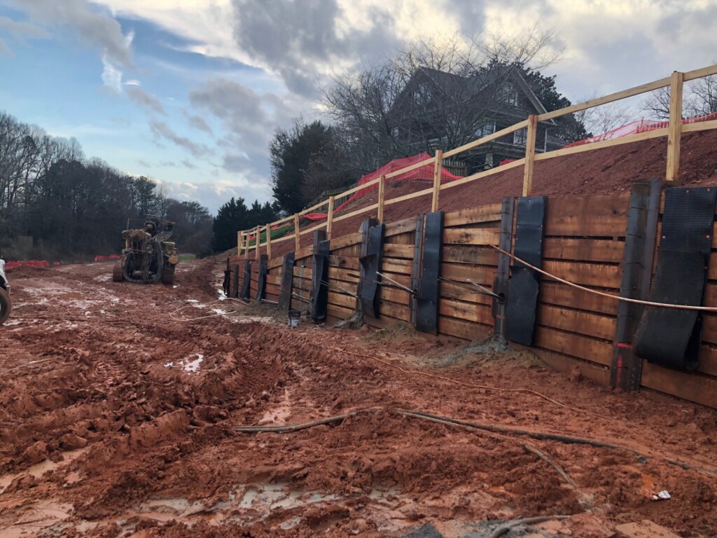 Work underway to complete retaining walls for a new ramp connection at Delmar to provide access to the trail. January 28, 2024.