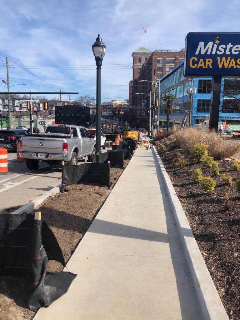 Newly completed connecting sidewalk and pedestrian lighting. February 22, 2024. Photo by ABI Staff.