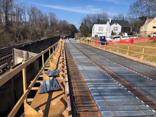 Elevated trail with reinforcing steel (rebar) installation in progress, facing Washington Manor. February 22, 2024. Photo by ABI Staff.