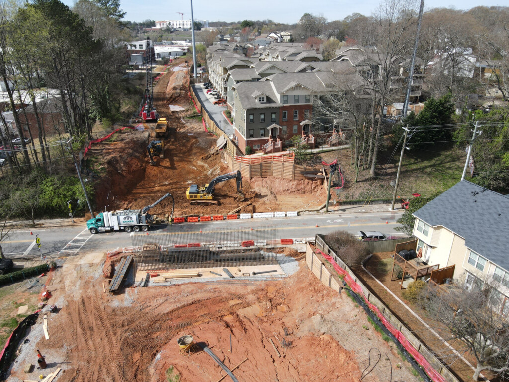 Arial view at BeltLine crossing at United Avenue. Existing bridge abutments (walls) have been removed and the footings and reinforcing steel installation is in progress for new abutment walls. Photo taken 3/11/2024. Photo by Lo Knows.