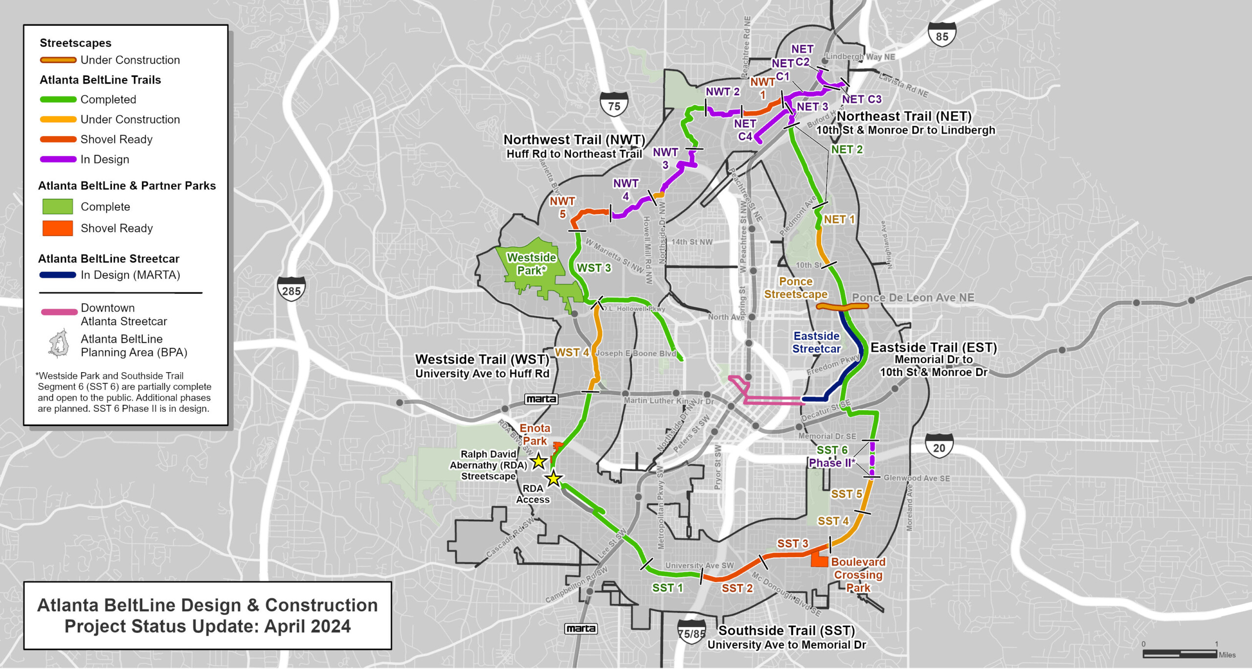 Atlanta BeltLine's design and construction project status as of April 2024
